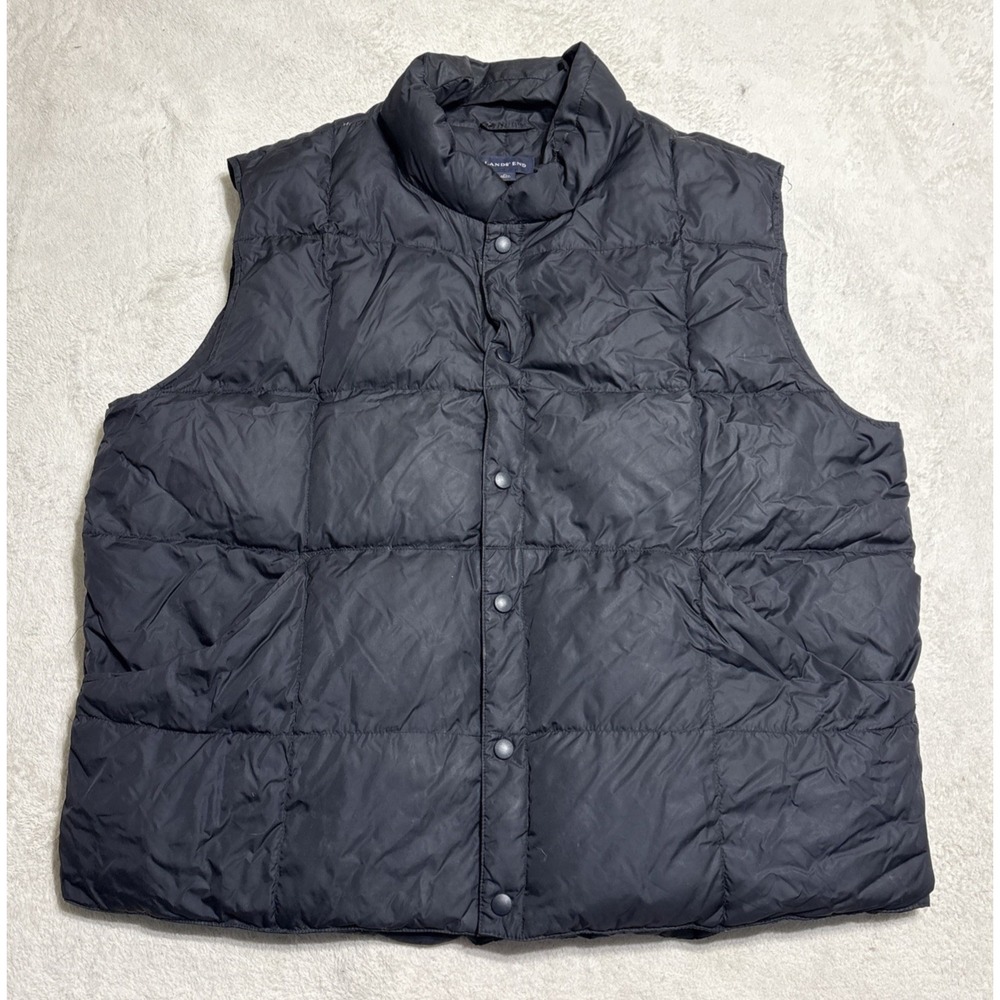 Lands End Mens Large Goose Down Puffer Vest Quilted Black Snap Up Gorpcore